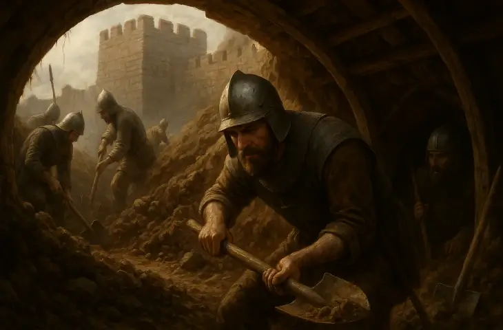 1453 kuşatması sırasında Osmanlı lağımcı birliklerinin surların altına tünel kazdığı ve yer altı çatışmalarının yaşandığı sahnenin tarihsel canlandırması.